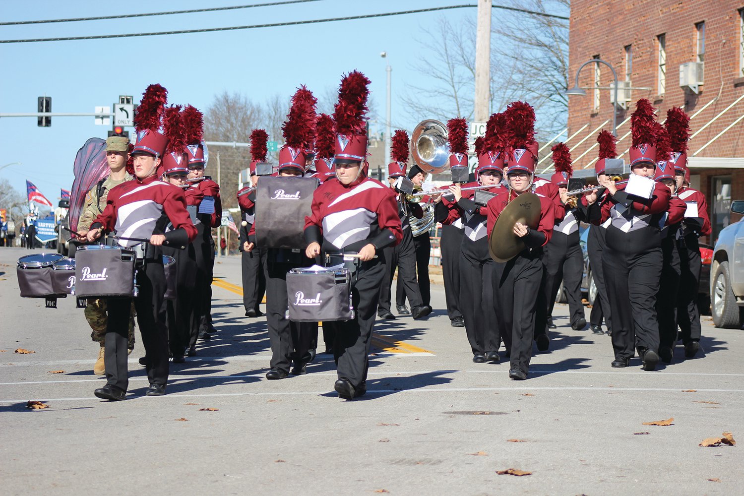 Mountain Grove’s high school band enters the square in Mountain Grove during the parade. Band member Dale Schaeffer, who is signed with the Army, also performed.